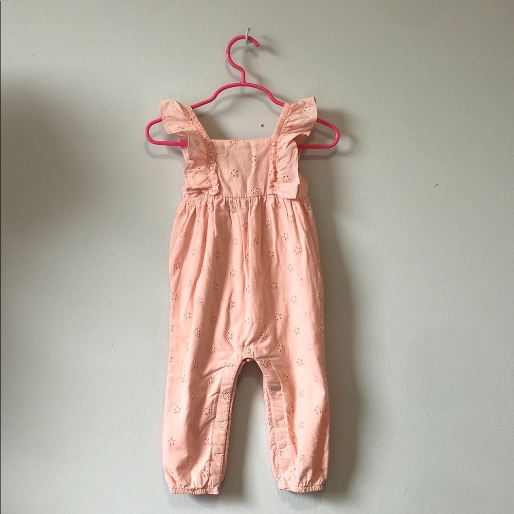 Girls Peach Eyelet Ruffle-Strap Romper